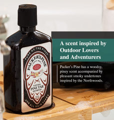 Packer's Pine Tar Shampoo in a forest shower scene for outdoors-ready hair.