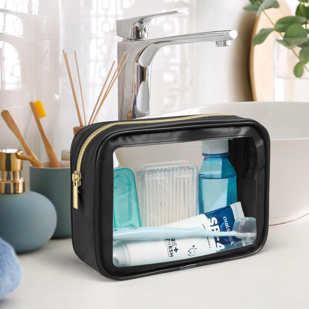PACKISM Clear Makeup Bag white water-resistant edge protecting items from moisture.