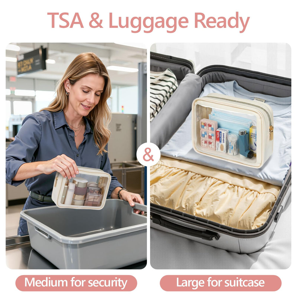 PACKISM large clear makeup bag open with compartments for easy access on the go.