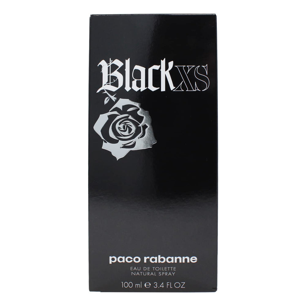 Paco Rabanne BLACK XS bottle front view, bold masculine fragrance.