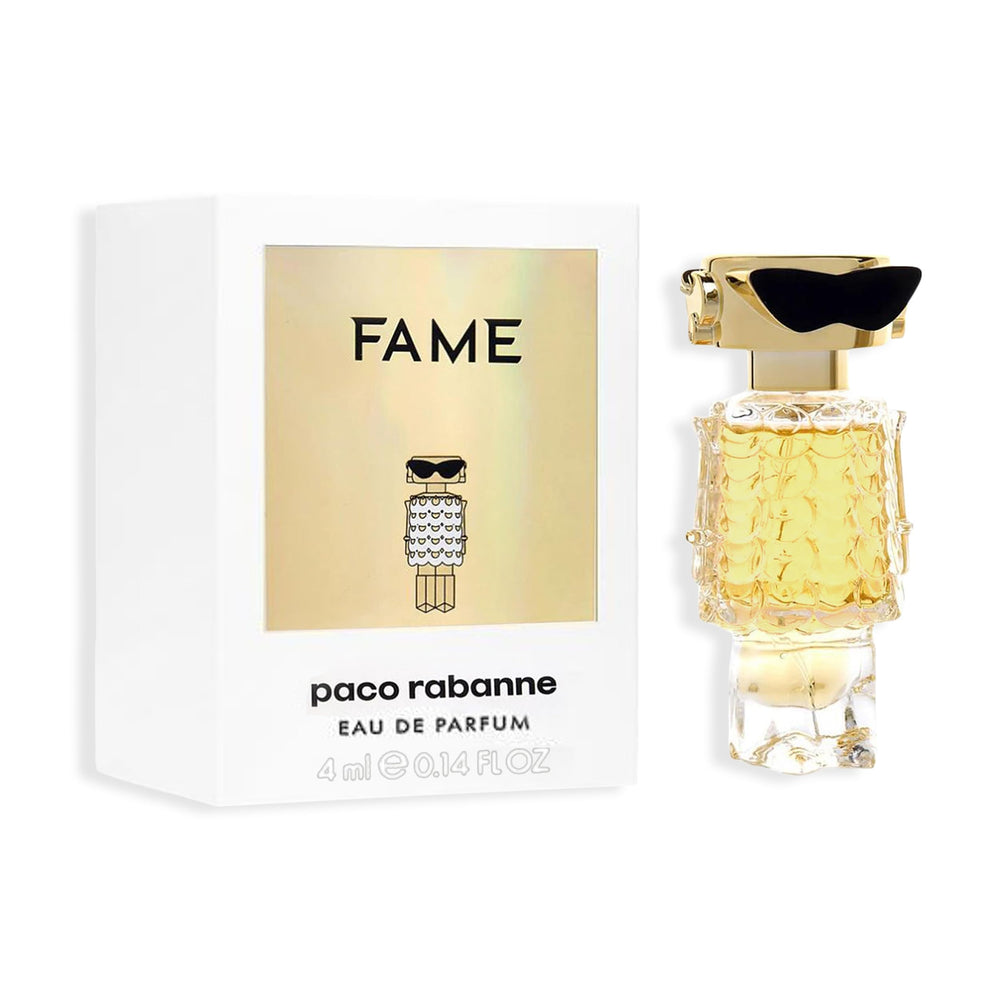 Paco Rabanne Fame mini bottle viewed from the front, compact travel-ready elegance.