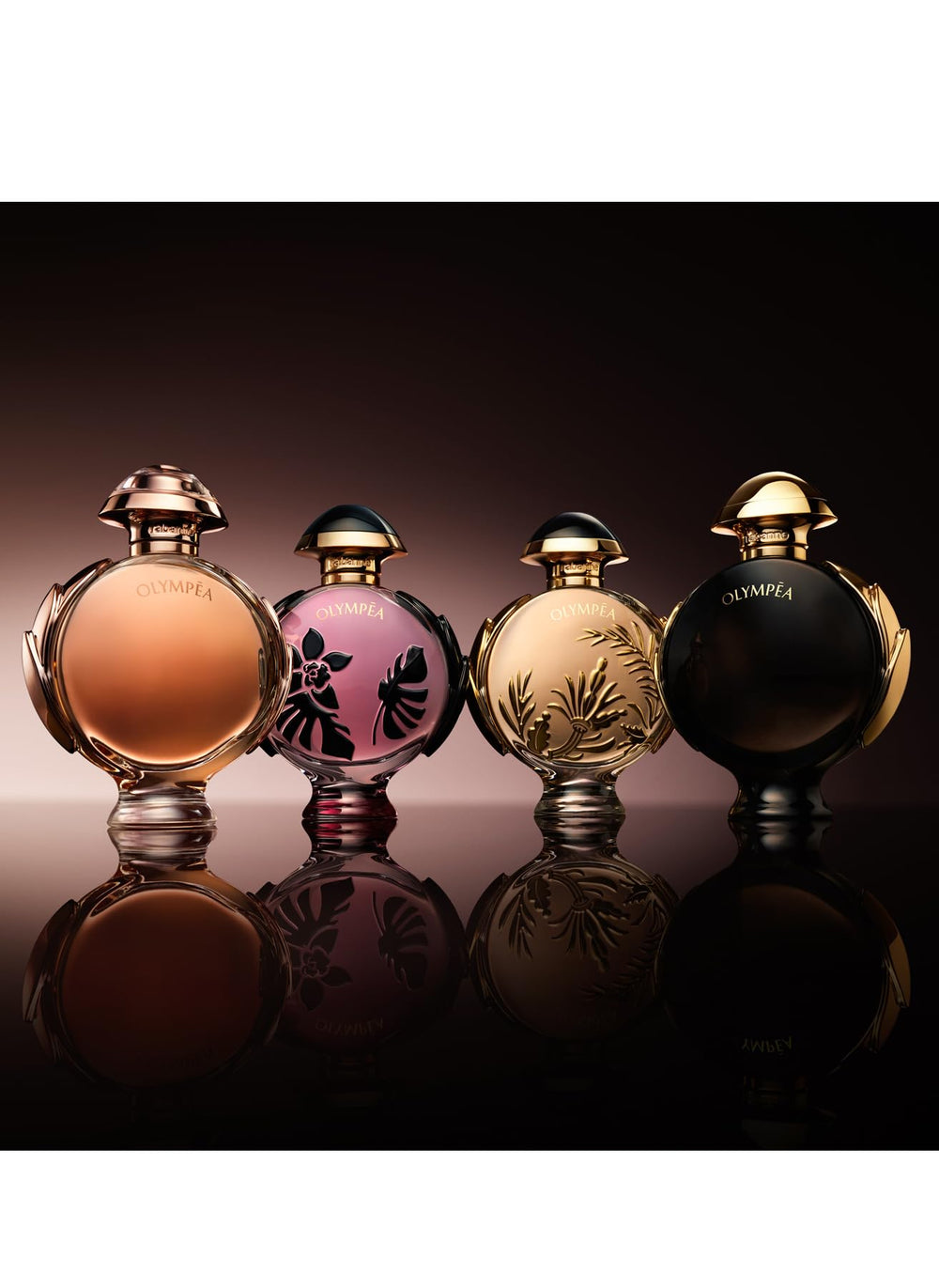 Paco Rabanne Olympéa packaging rose-gold bottle, premium presentation for gifting.