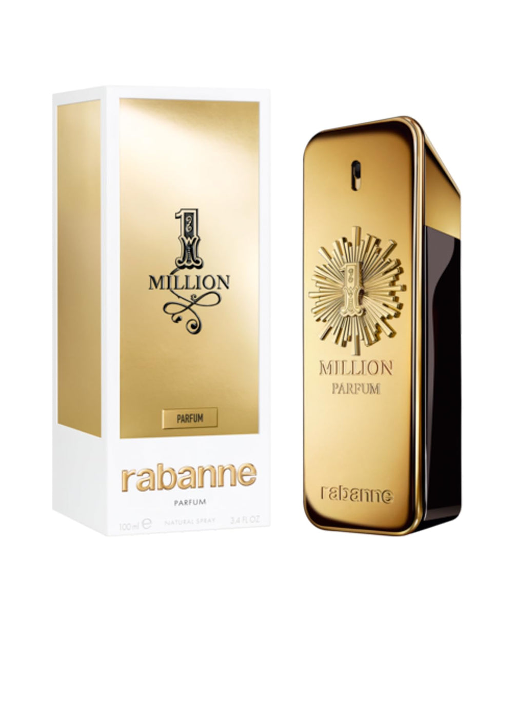Paco Rabanne One Million bottle front view highlights the bold metallic finish.