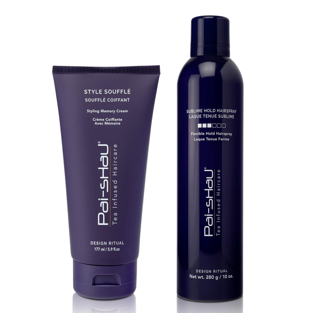Pai-Shau Style Soufflé and Sublime Hold bottle pour for flexible hold and frizz control.