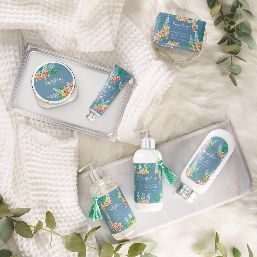 PAINT & PETALS Bluebell Persimmon lotion on sink shows easy, everyday use
