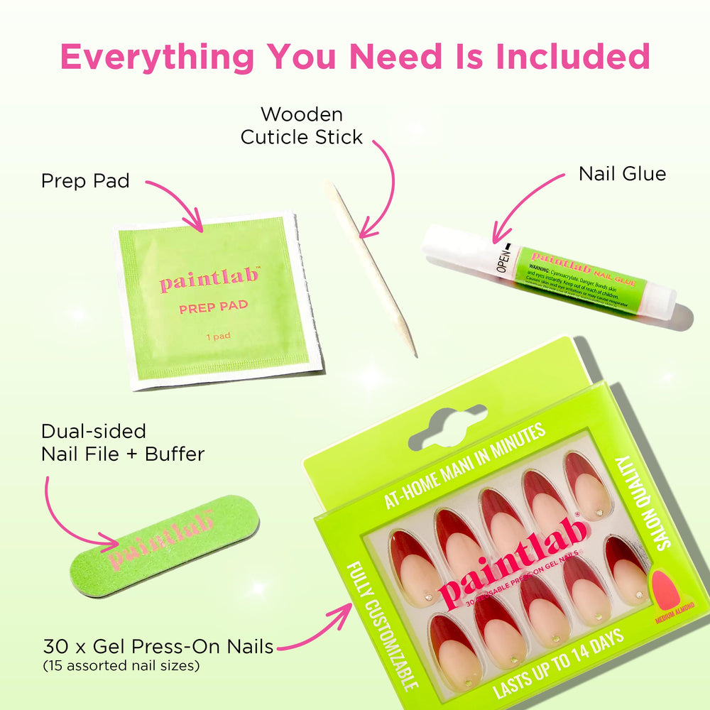 PaintLab Pinot Noir nail glue and tools for secure adhesion.