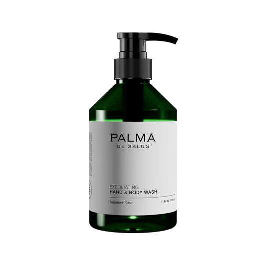 Palma de Salus Exfoliating Wash rose bottle on bathroom shelf for daily hydrating cleansing.