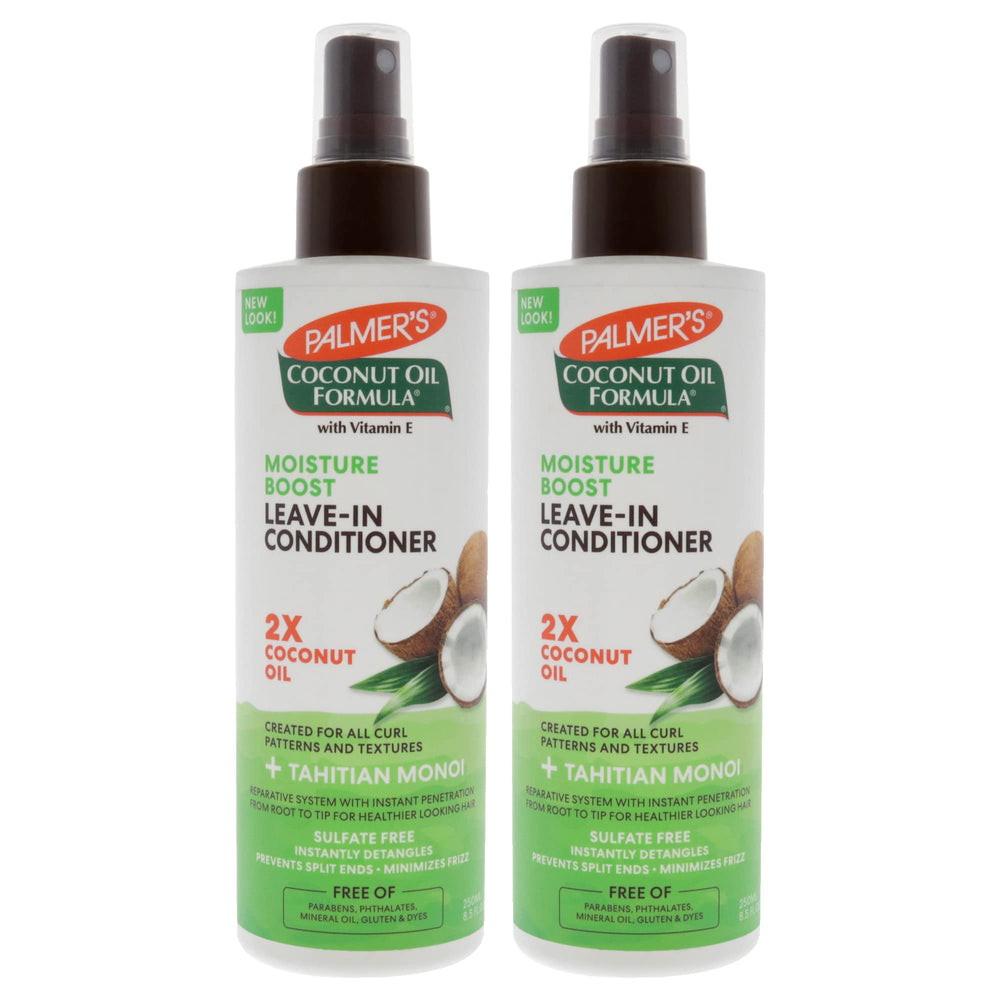 Palmers coconut oil leave-in conditioner bottle for detangling and frizz control.