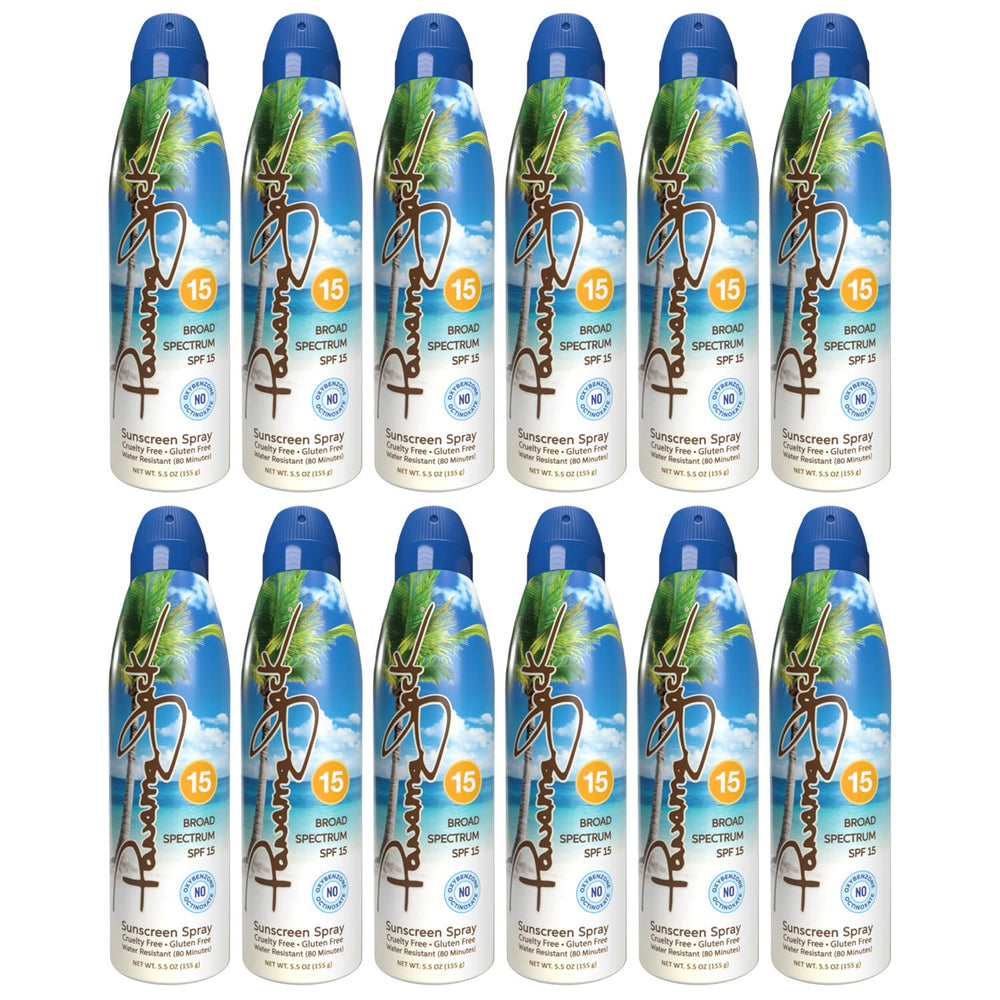 Panama Jack continuous spray sunscreen bottle applying easy, even coverage outdoors