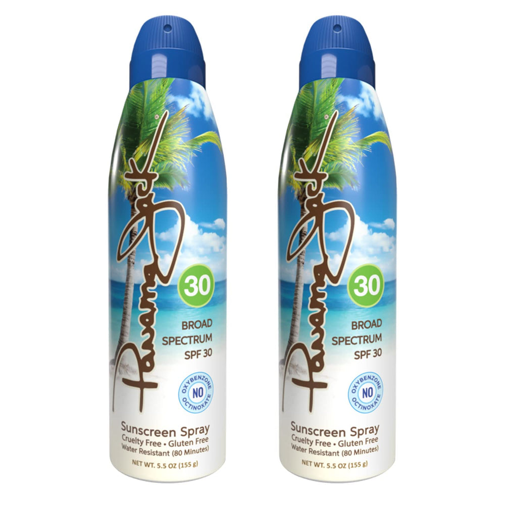 Panama Jack continuous spray sunscreen bottle with SPF 30 provides broad spectrum coverage.