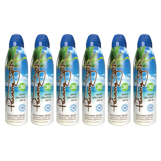 Panama Jack continuous spray SPF 30 bottle shown for easy, even coverage.