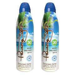 Panama Jack continuous spray sunscreen bottle with SPF 30 provides broad spectrum coverage.