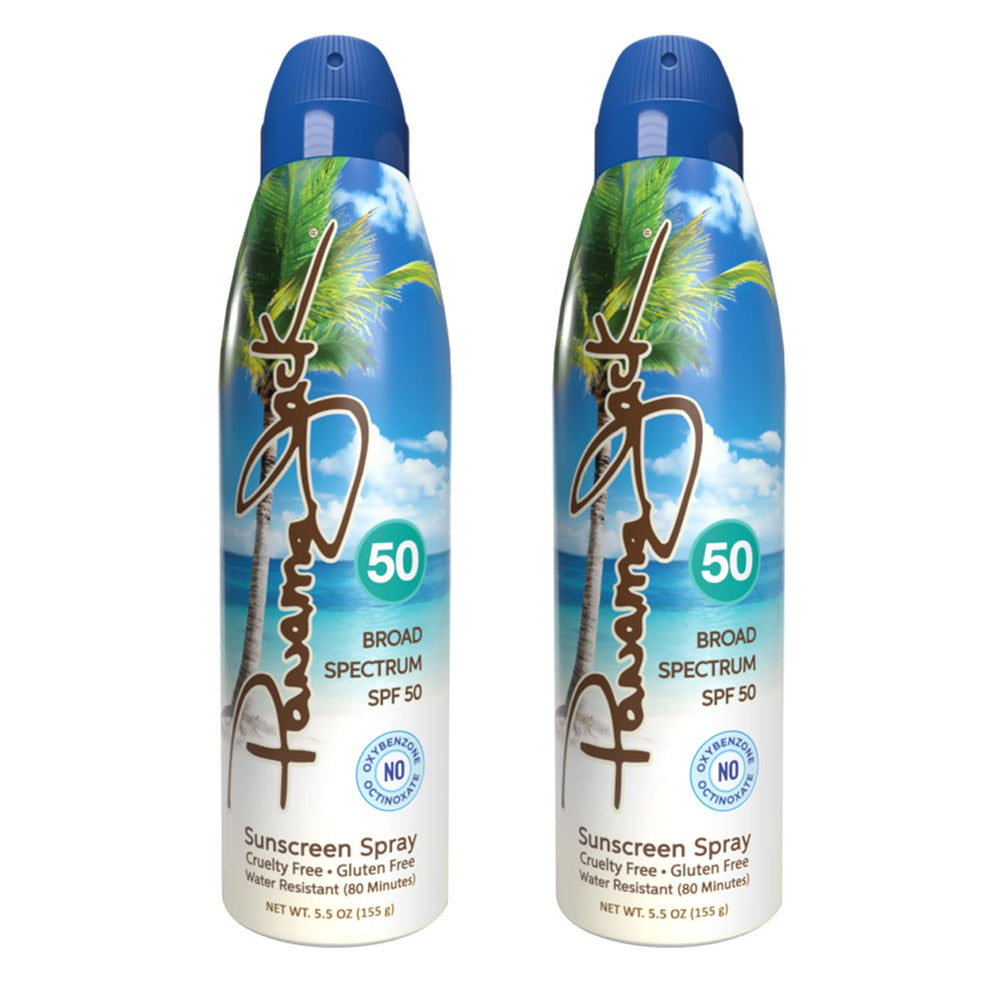 Panama Jack continuous spray SPF 50 bottle for easy application outdoors
