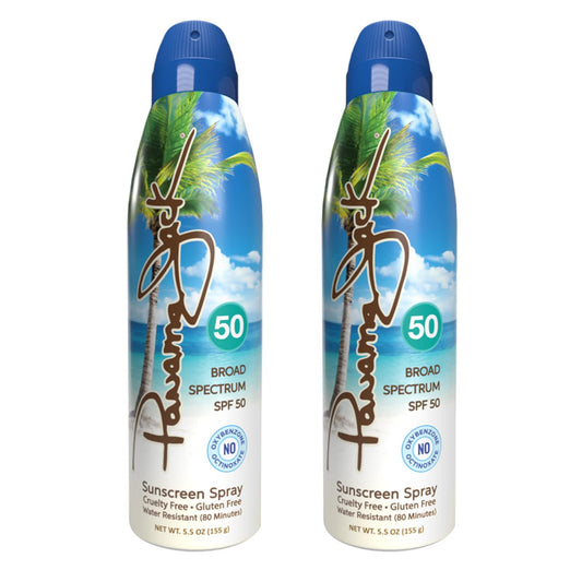 Panama Jack continuous spray SPF 50 bottle for easy application outdoors