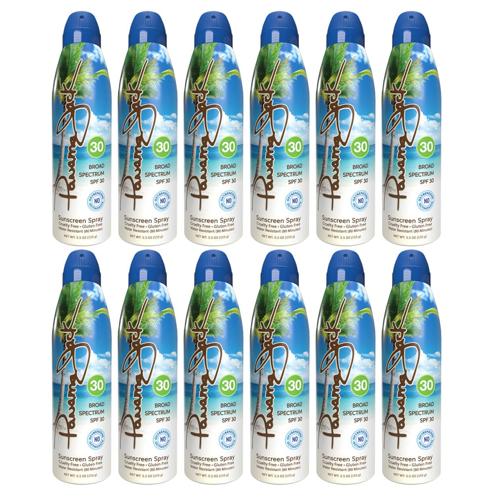 Panama Jack continuous spray sunscreen bottle for easy, even coverage outdoors.