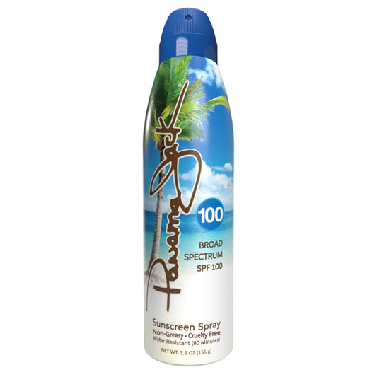 Panama Jack SPF 100 continuous spray bottle front view for quick coverage.