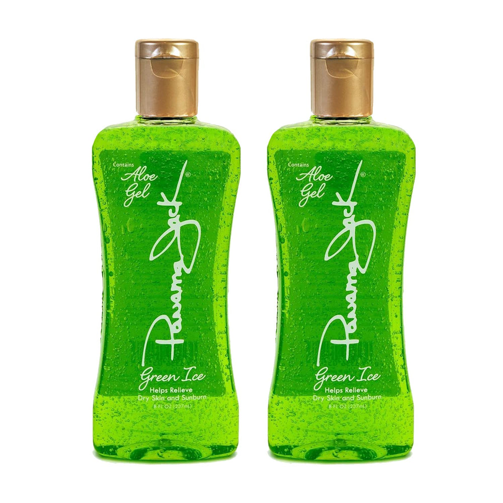 Panama Jack Green Ice Gel bottle pouring, soothing after-sun cooling