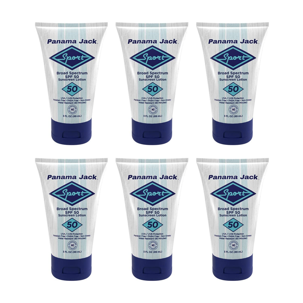 Panama Jack Sport Sunscreen Lotion bottle showing SPF 50 protection for active days