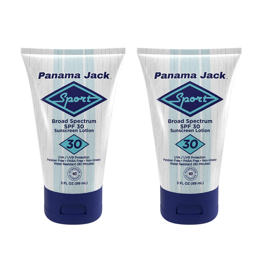 Panama Jack Sport Sunscreen Lotion SPF 30 bottle offering broad UVA/UVB protection.