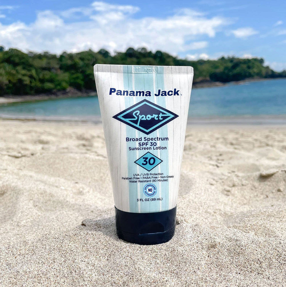 Panama Jack SPF 30 cap close-up highlighting easy-to-use flip cap.
