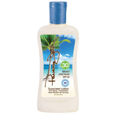 Panama Jack Sunscreen SPF 30 flip-cap bottle beside beach scene.