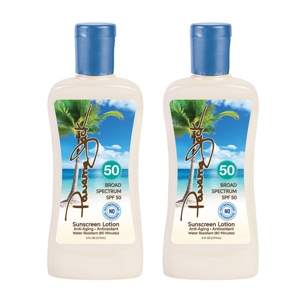 Panama Jack SPF 50 sunscreen bottle with flip cap for quick reapplication.