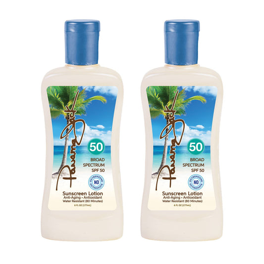Panama Jack SPF 50 sunscreen bottle with flip cap for quick reapplication.