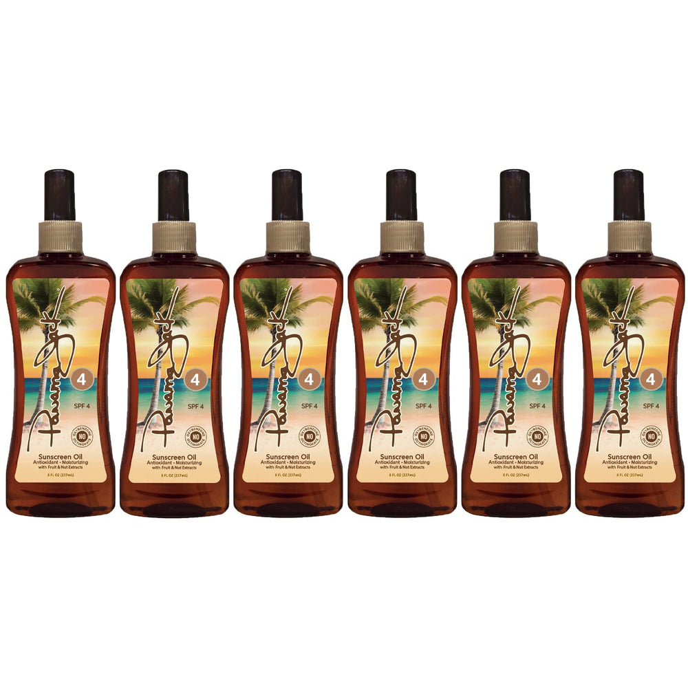 Panama Jack Sunscreen Tanning Oil SPF 4 pack display for size awareness.