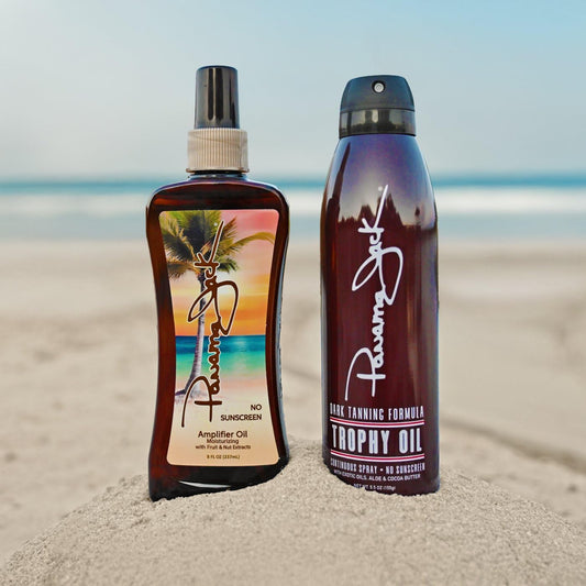 Panama Jack Trailblazer Amplifier bottle closeup—moisturizing oil for bronzed glow