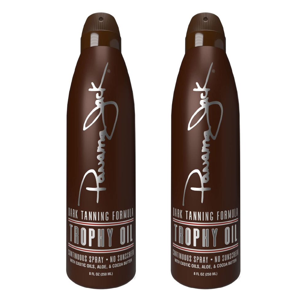 Panama Jack Trophy Oil bottle with tropical scent and lightweight formula for easy application.