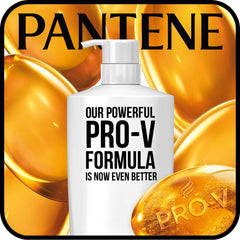 Pantene Pro-V formula close-up on label emphasizes nourishment for hair