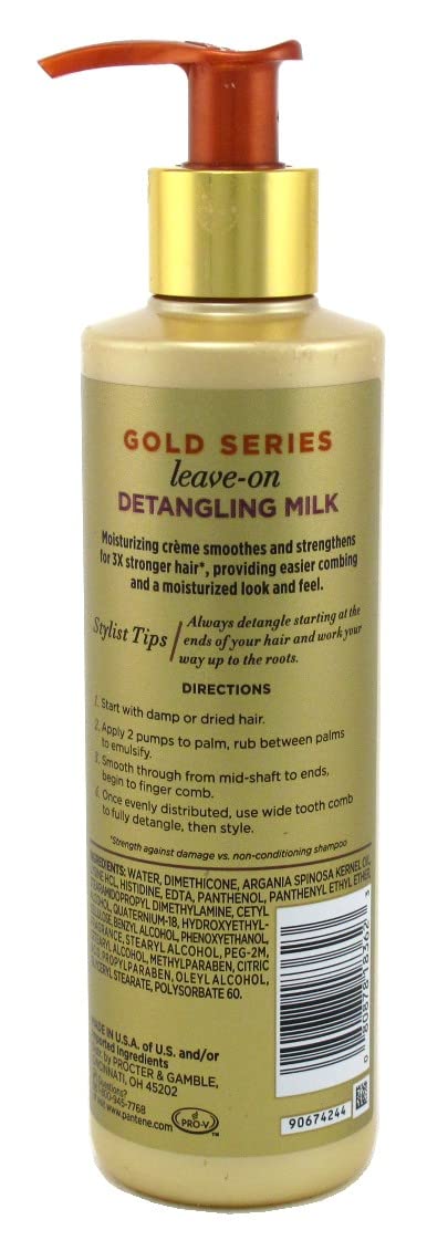Pantene Gold Series Leave-In Detangling Milk pack shot showcases triple-pack value for styling prep.