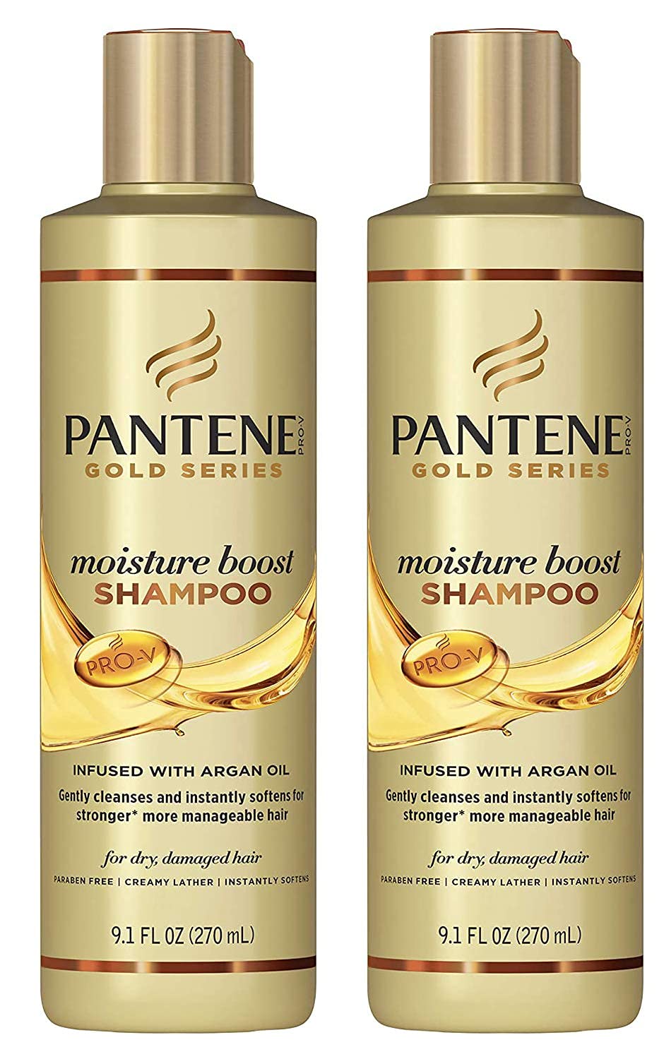 Pantene Gold Series Moisture Boost shampoo bottle pouring, delivering cleansing and hydration