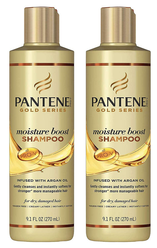 Pantene Gold Series Moisture Boost shampoo bottle pouring, delivering cleansing and hydration