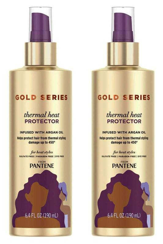 Pantene Gold Series Thermal Heat Protector bottle front, heat protection for styling.