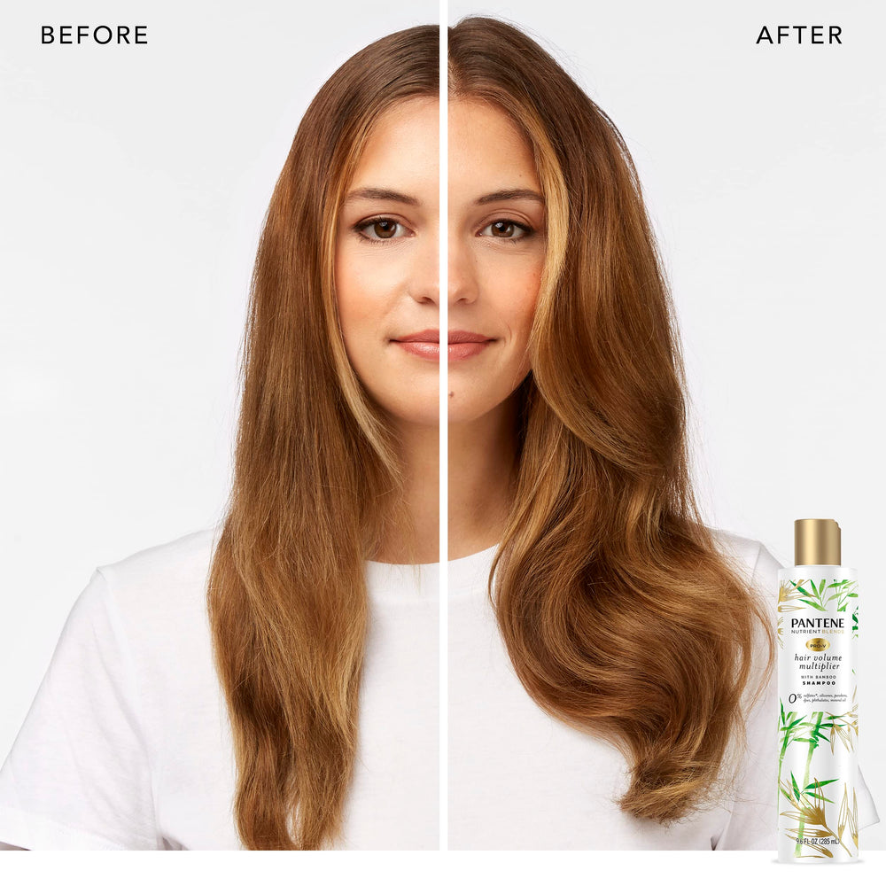 Close-up of Pantene Nutrient Blends Bamboo Shampoo ingredients highlighting bamboo and vitamin B5 for shine.