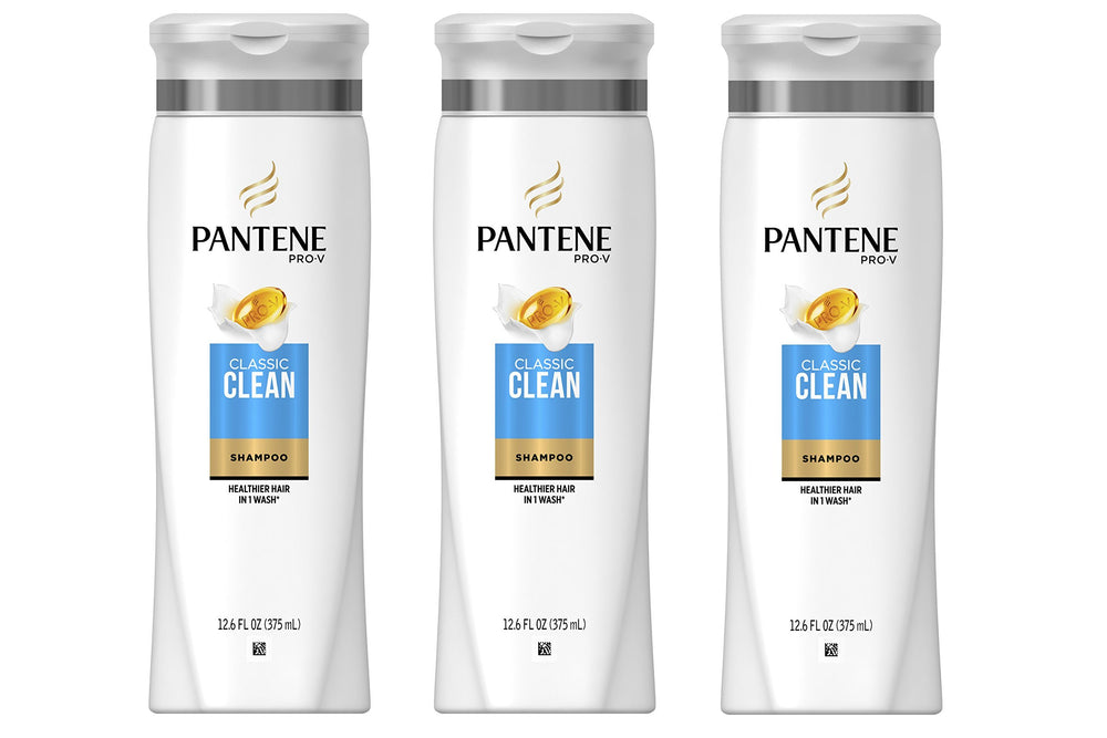 Pantene Pro-V Classic Clean shampoo bottle in a three-pack for daily use.