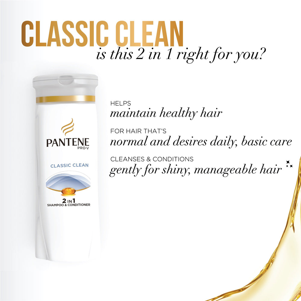 Pantene Pro-V Classic Clean shampoo label close-up highlighting antioxidant formula.
