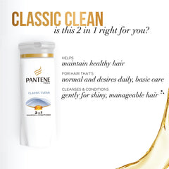 Pantene Pro-V Classic Clean shampoo label close-up highlighting antioxidant formula.
