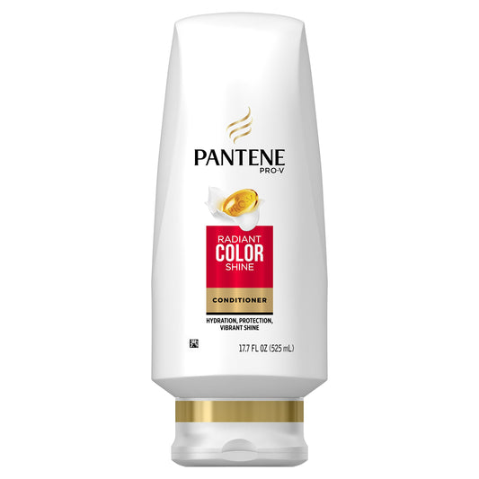 Pantene Pro-V Radiant Color Shine conditioner bottle pouring for vibrant color.