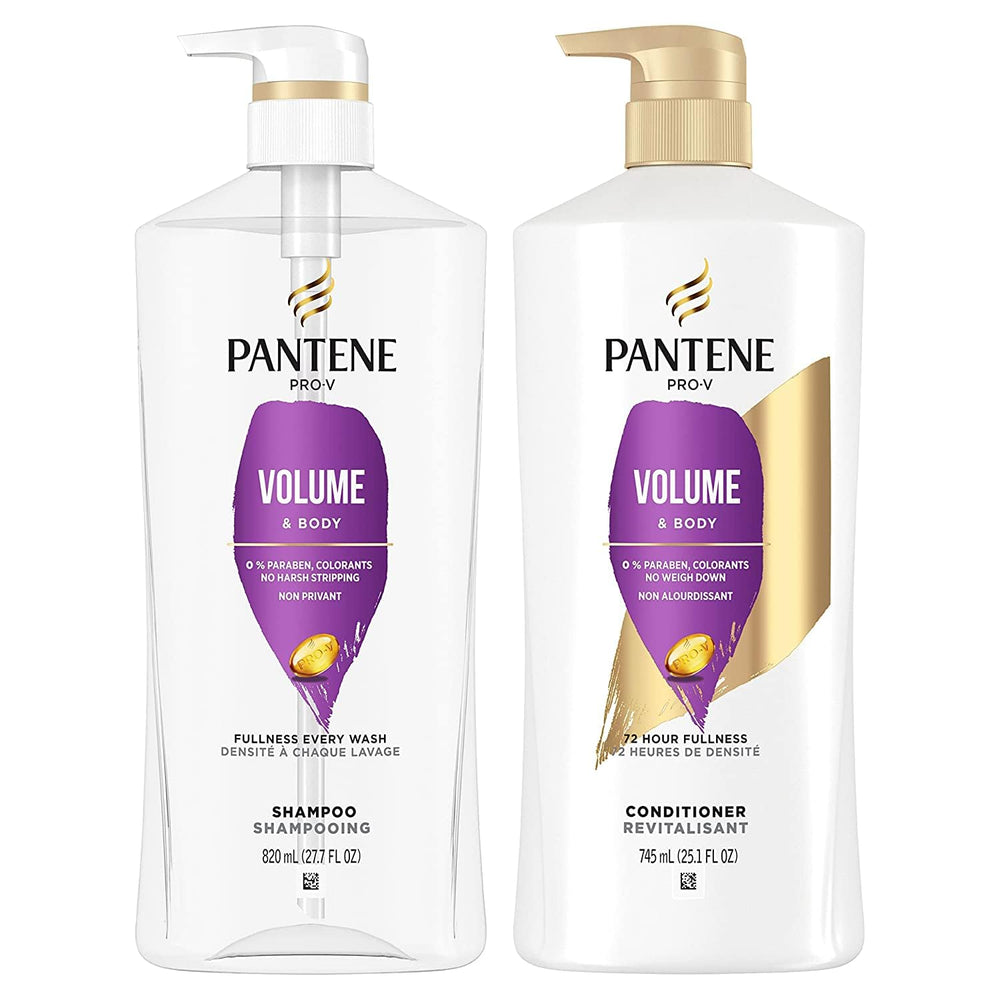Pantene Pro-V Volume & Body Shampoo bottle pour showing lightweight fullness for fine hair