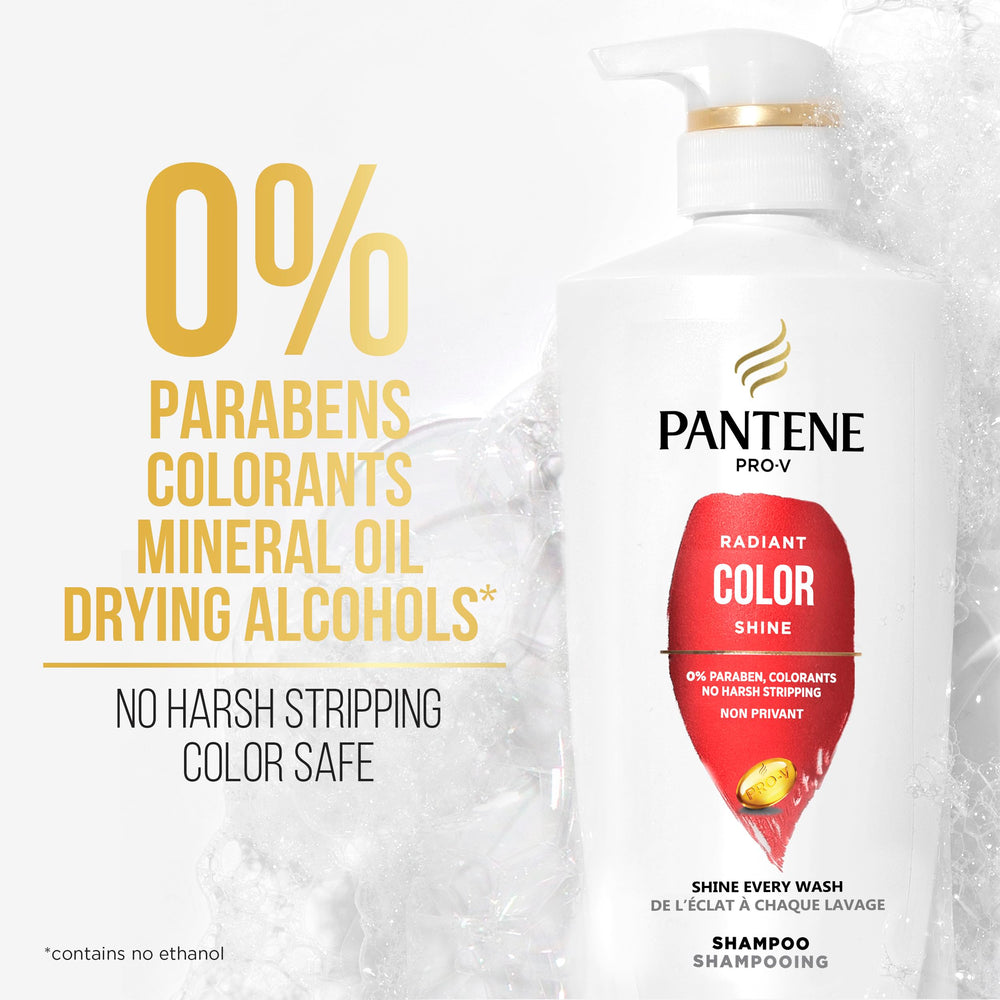 Pantene Radiant Color Shine Shampoo bottle with creamy berry scent for a pleasant wash