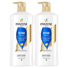 Pantene Repair & Protect conditioner bottle with Pro-V strengthens hair against damage.