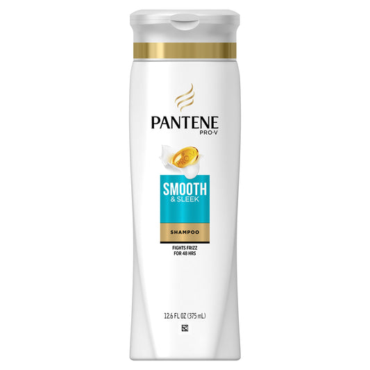 Pantene Smooth & Sleek shampoo bottle pour for quick frizz defense.