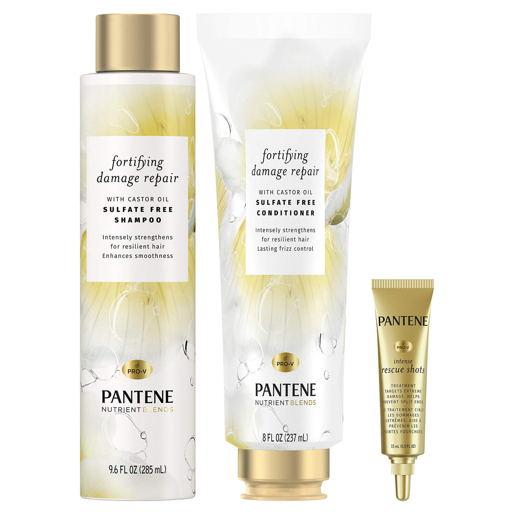 Pantene sulfate-free shampoo and conditioner with castor oil for color-safe hair care.