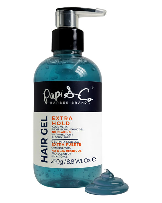 PAPI & CO hair gel bottle pour shows long lasting hold for a sleek professional look