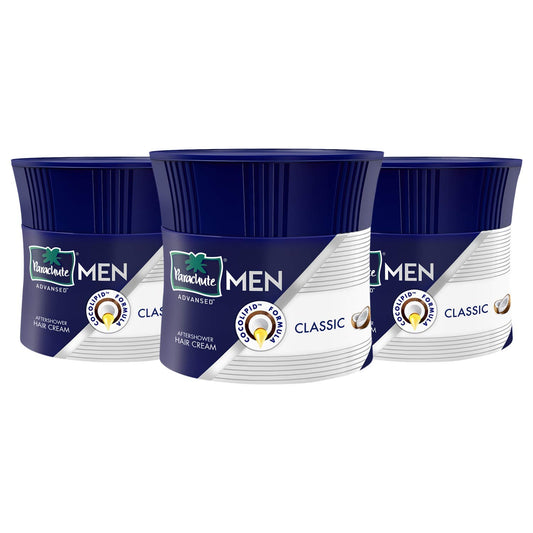 Parachute Advansed Hair Cream for Men, pack 3, supports easy daily grooming.