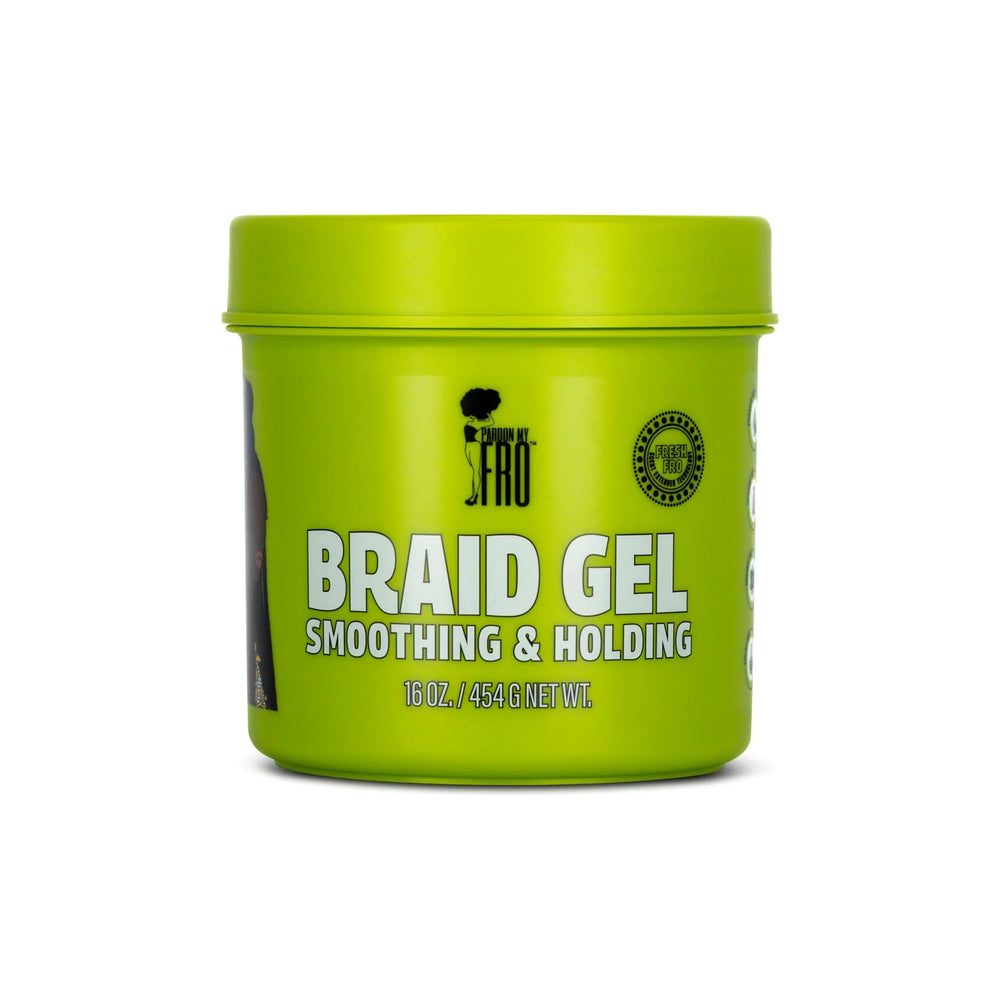 Pardon My Fro braiding gel bottle delivers strong hold for flawless braids.