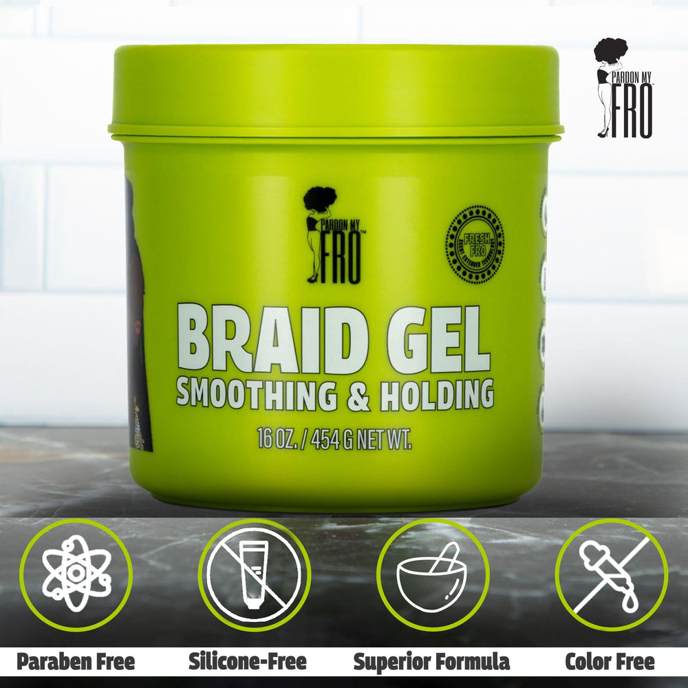 Pardon My Fro gel calms frizz for polished, long-lasting looks.
