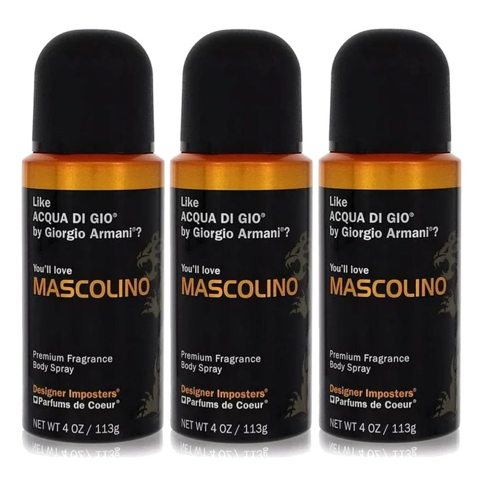 Parfums De Coeur Mascolino body spray bottle for daily wear and confident scent.